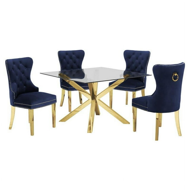 Square 47" x 47" Clear Glass 5pc Dining Set with Gold Stainless Steel