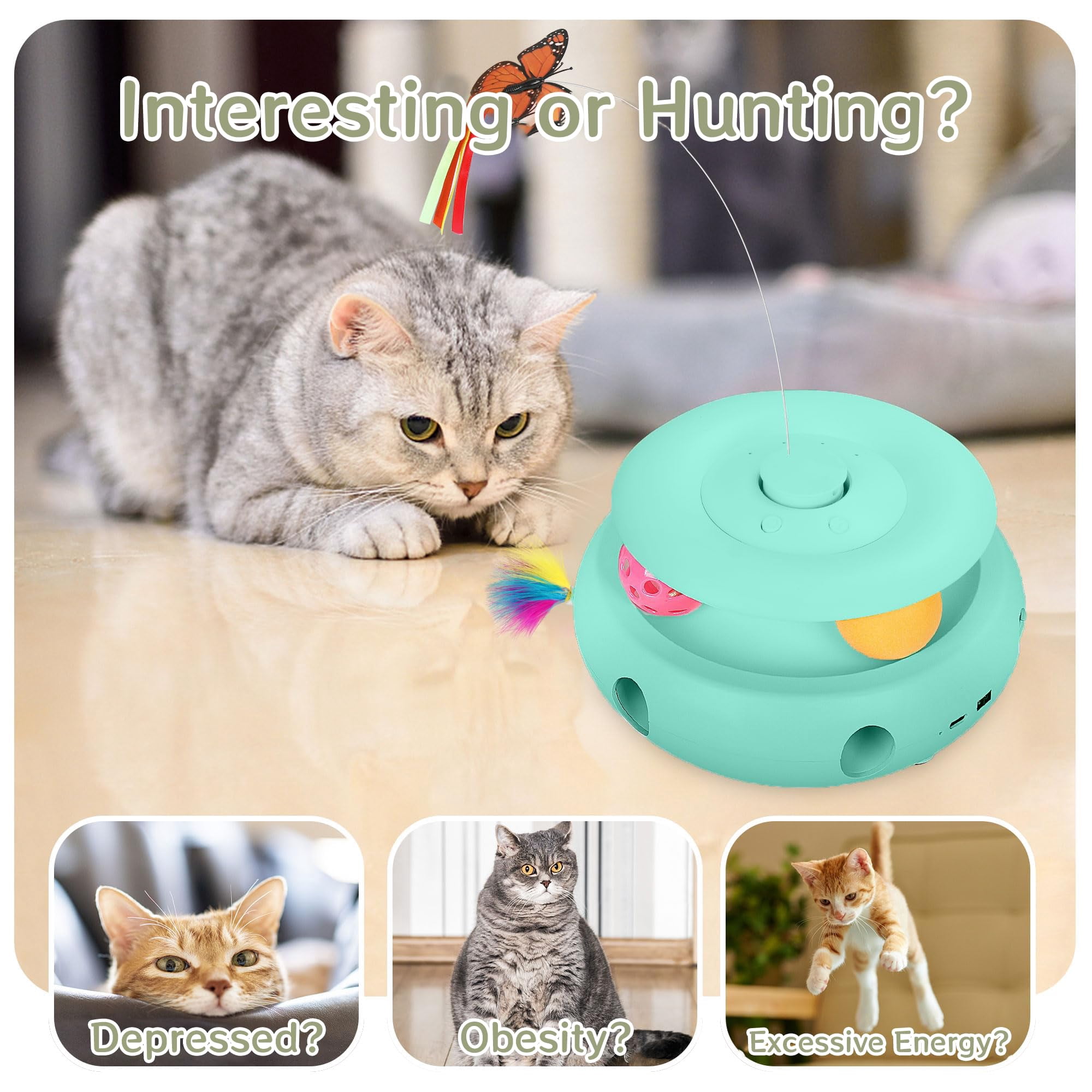 Cat Toys 3-in-1 Interactive For Indoor Cats Rechargeable Automatic With Fluttering Butterfly Smart Sensor 6 Holes Mice Whack-a-mole And Track Balls Blue