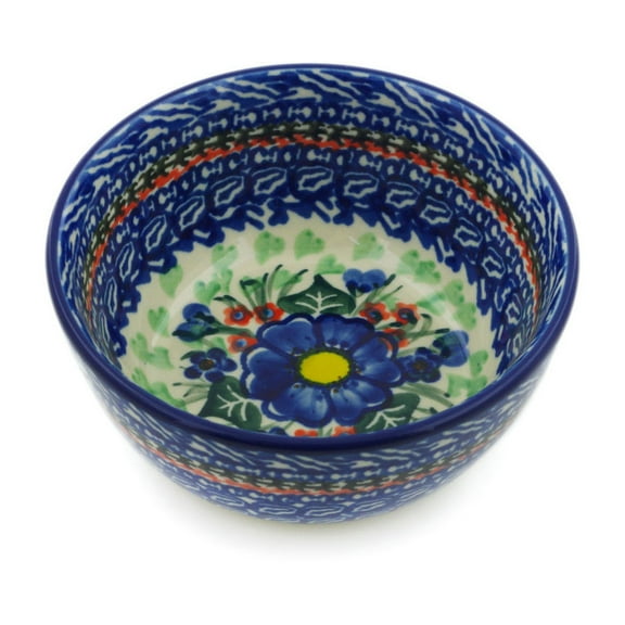 Polish Pottery Bowl 5-inch Polmedia Blue Bud Delight Theme UNIKAT Hand Painted in Boleslawiec, Poland   Certificate of Authenticity