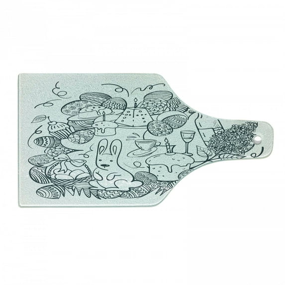 Doodle Cutting Board, Outline Monochrome Graphic with Easter Holiday Egg Bunny Basket, Decorative Tempered Glass Cutting and Serving Board, in 3 Sizes, by Ambesonne