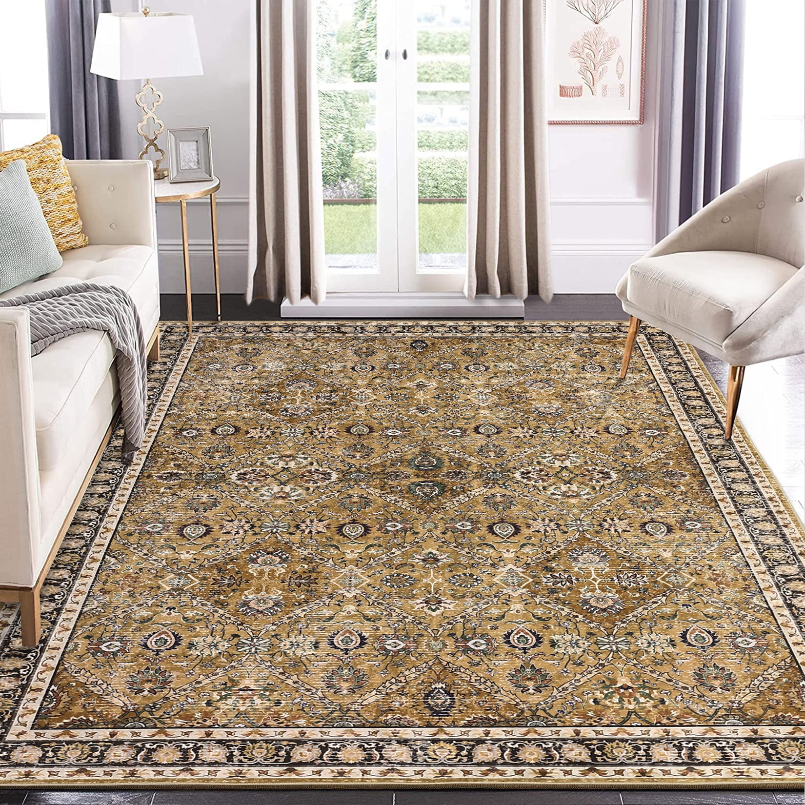 Garvee 8'x10' Area Rug, Washable Persian Rug Vintage Boho Carpet Non Slip Soft Print Rug for Bedroom Dining Room Living Room, Yellow