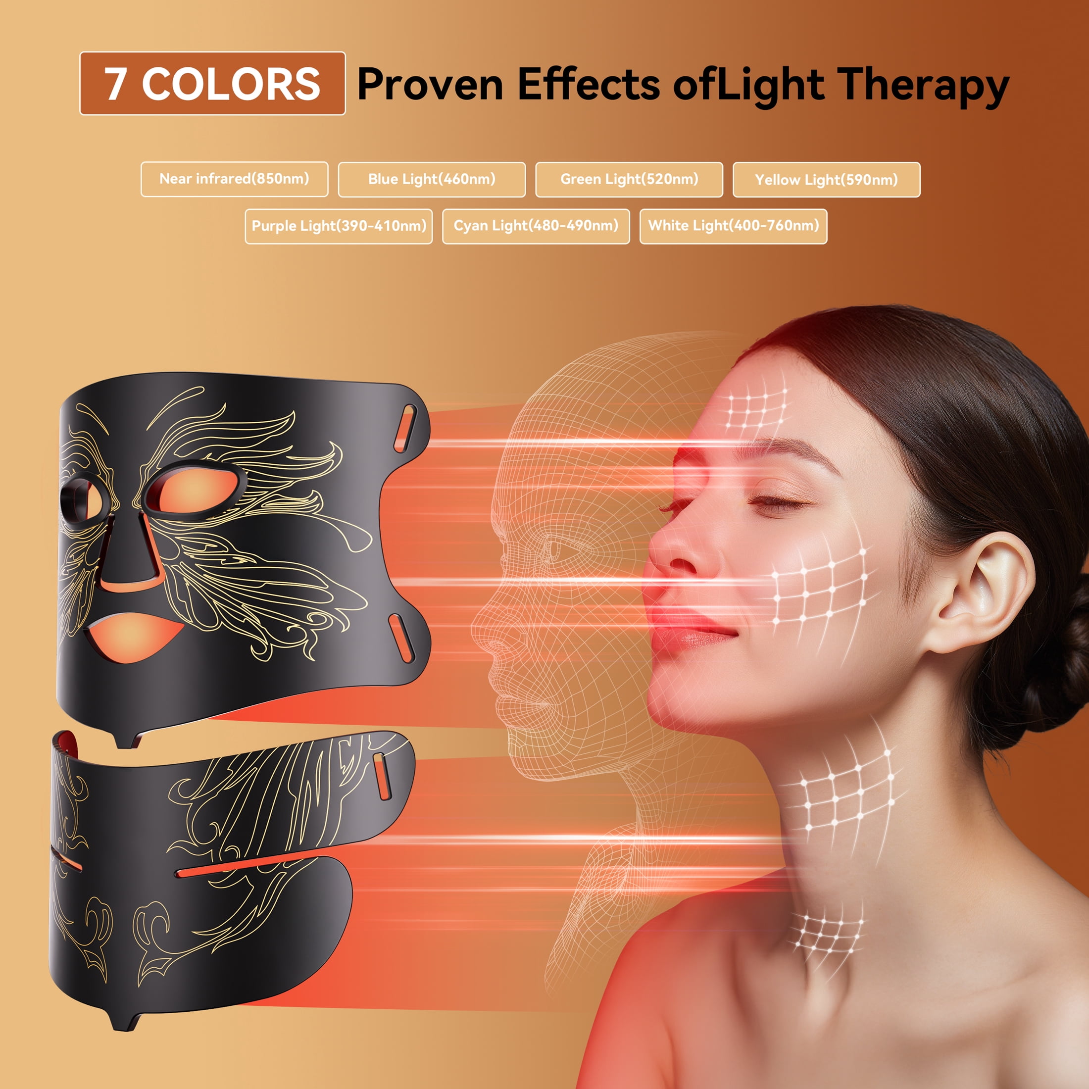 SMALLRT  Red Light Therapy for Face, 7 Modes LED Face Mask & Neck Mask Light Therapy at Home, Black