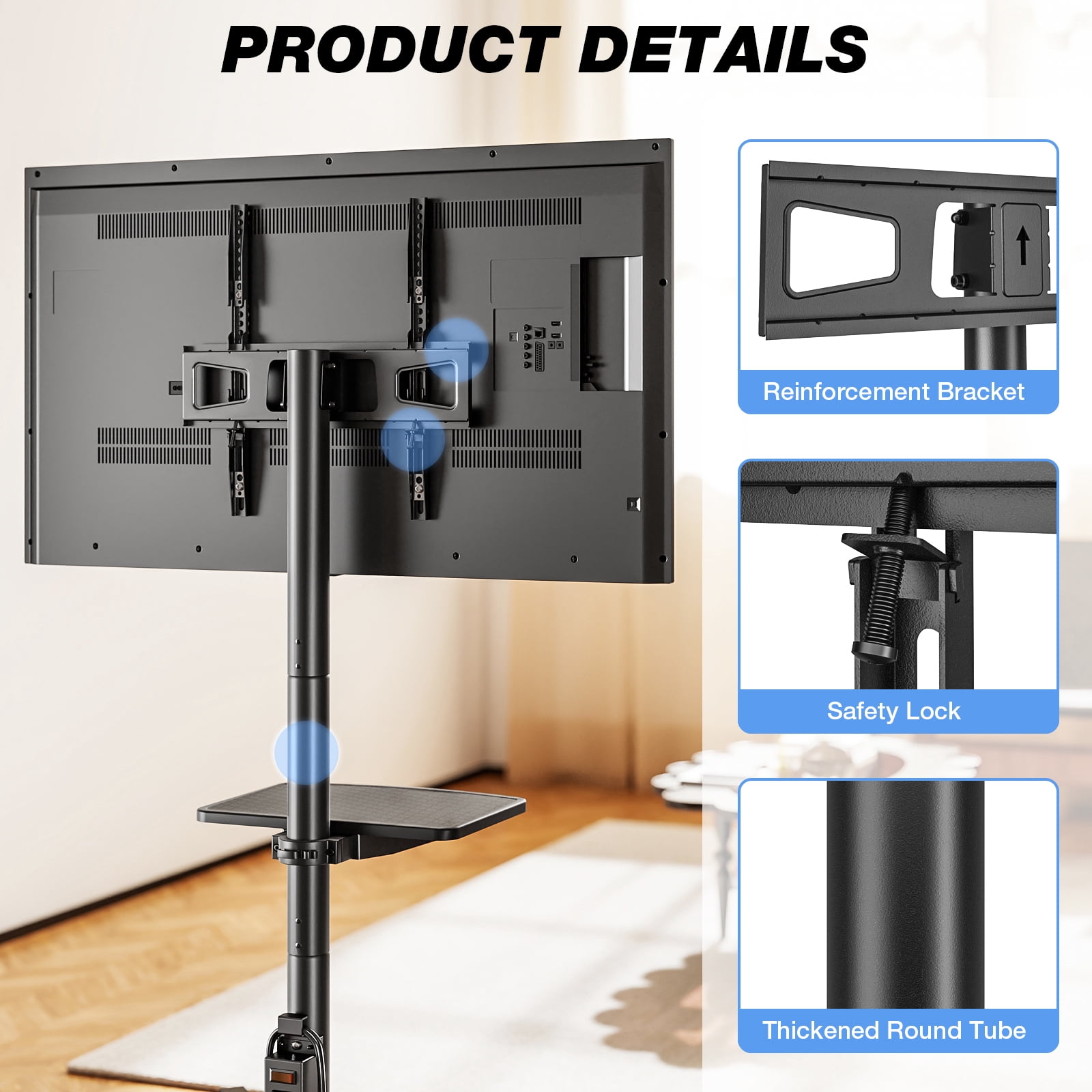 RTVR Rolling Mobile TV Stand Cart for 32 to 65 inch TVs with Power Outlet Adjustable Shelf, Outdoor Black