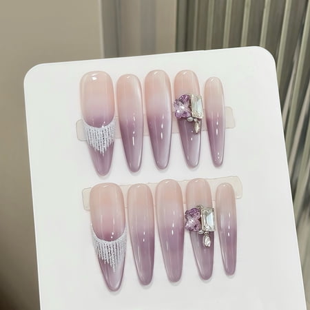Yihe manicure, taro purple fringed sugar white pure desire advanced temperament gradual change French handmade wear armor