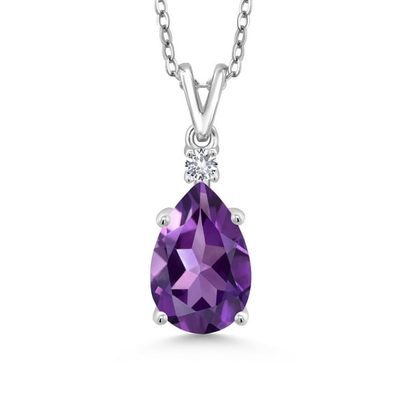 Gem Stone King 2.35 Cttw Purple Amethyst and White Created Sapphire Pendant Necklace for Women | 925 Sterling Silver | Pear Shape 12X8MM | With 18 inch Silver Chain