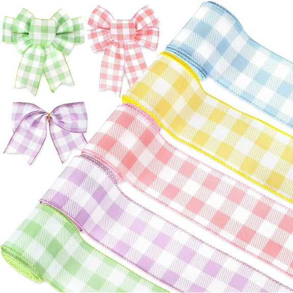 Buffalo Plaids Wired Edge Ribbon Rainbow Color Gingham Checkered Fabric Craft Ribbon for Spring Easter Birthday Gift Wrapping Wreath Bow Making