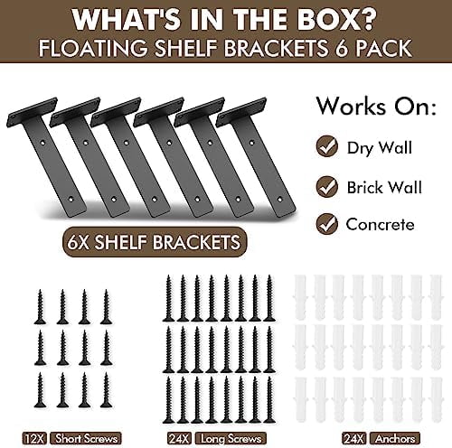 6 Pack Heavy Duty Shelf Brackets 8 inch, Floating Shelf Brackets(1/5”-Thick), L-Shaped Wall Shelf Bracket Hidden Shelf Bracket Black（8inch-6pack）
