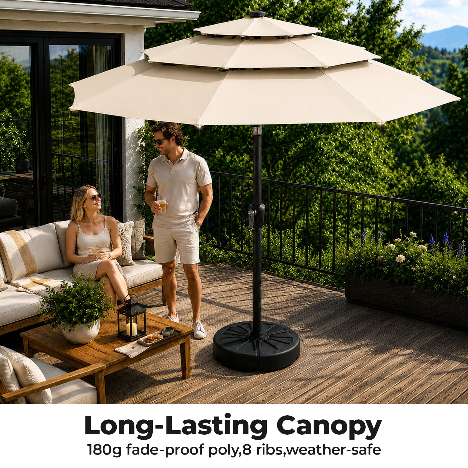 Alvantor 9ft 3‑Layer Solar Patio Umbrella Outdoor with 32 LED Lights, UV50+ Auto Dusk‑to‑Dawn for Dining Table, Outdoor Sofa & Beach Lounger