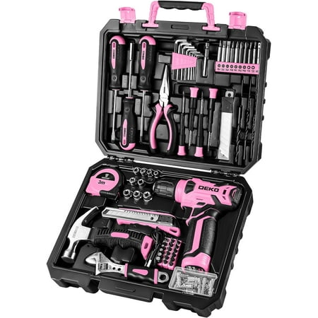 DEKO 126pcs Power Tool Set: 8V Pink Cordless Drill, Hand Tool Kits for Home Repair