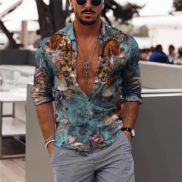 Camisas de manga larga para hombre y mujer camisas informales con estampado gráfico de tigre Harajuku camisetas de fiesta Y2K con solapa primavera y otoño