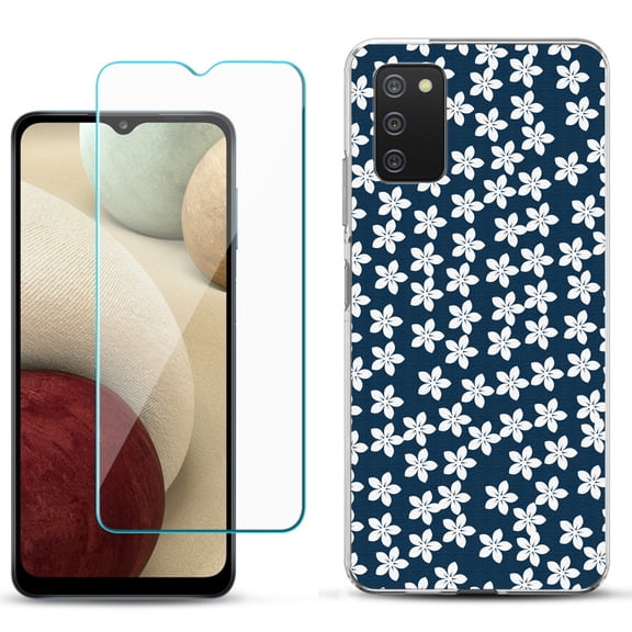 Slim-Fit TPU Phone Case Compatible with Samsung Galaxy A02s, with Tempered Glass Screen Protector, by OneToughShield ® - Flower/Blue