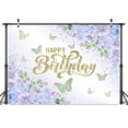 thumbnail image 5 of Women’s Birthday Party Backdrop Banner - Purple Floral Butterfly Design for Cake Table Decor, Happy Birthday Background 6x4 FT, 5 of 5
