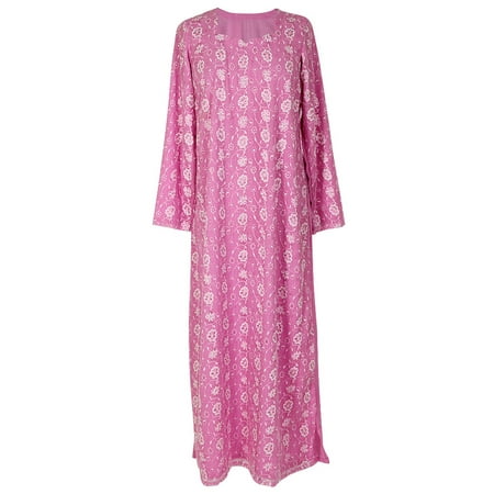 Hijaz Pink Nightgown Abaya Dress with White Floral Embroidery and Scarf Included