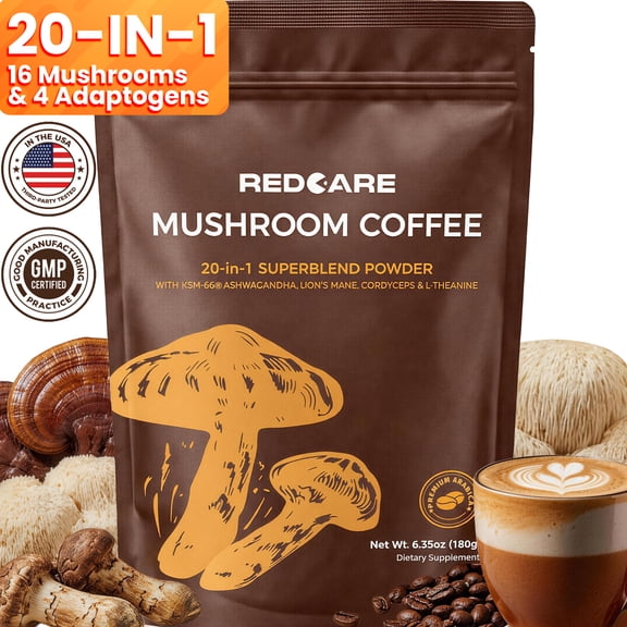 Mushroom Coffee w/ Adaptogenic Mushrooms, Lion's Mane, Cordyceps, Turkey Tail,Reishi, Ashwagandha, L-Theanine,Green Tea, Instant Coffee Powder for Focus, Digestion & Immunity, Fruiting Body, 6.35oz