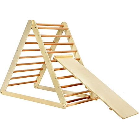 GLACER Wooden Climbing Triangle Ladder with Ramp, 2 in 1 Foldable Toddler Triangle Climber for Sliding & Climbing, Develop Strength, Balance and Motor Skills (Natural)