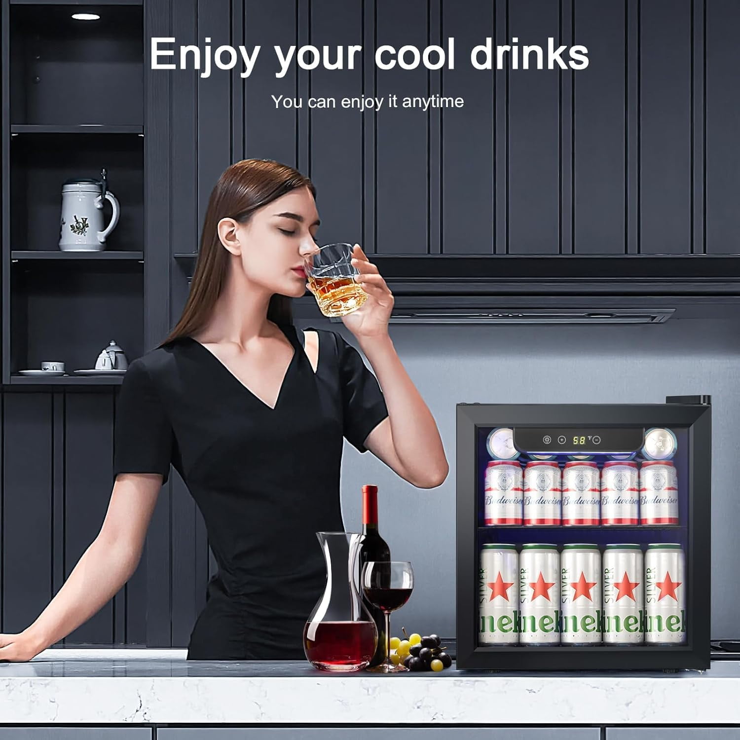 FREE VILLAGE Mini Fridge 12 Bottle 48 Can Beverage Refrigerator Cooler with glass door,1.3 Cu.Ft Small Drink Fridge for Soda Wine Beer,Adjustable Temperature Control for Home Office Bar,Black