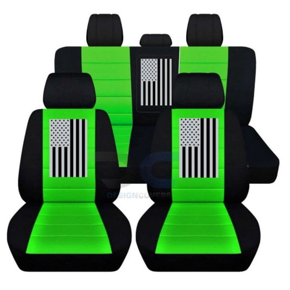 Fits 2012-2018 Dodge Ram w USFlag Cotton Seat Cvrs 40/60 Rr w AR:Blk Lime Grn-FullSet