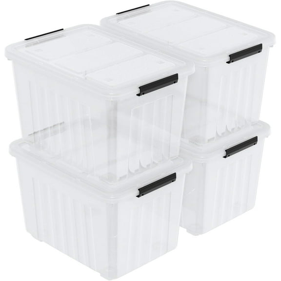 70 Quart Clear Plastic Latching Box, Large Plastic Storage Totes with Wheels, 4 Packs