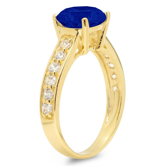 2.3 ct Round Cut Simulated Blue Sapphire Solitaire with Accents Engagement Ring for Women in 18K Yellow Gold