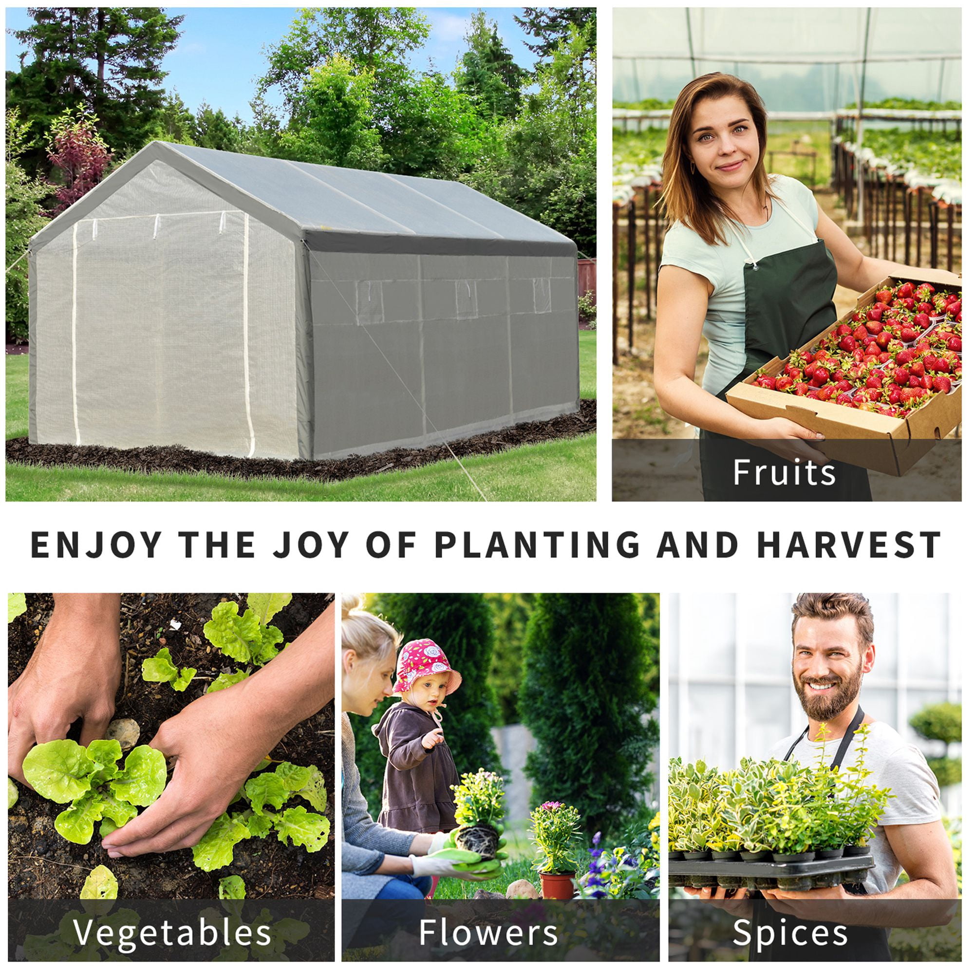 Outsunny 20' x 10' x 9' Walk-In Greenhouse, Outdoor Gardening Canopy with 6 Roll-up Windows, 2 Zippered Doors & Weather Cover, White