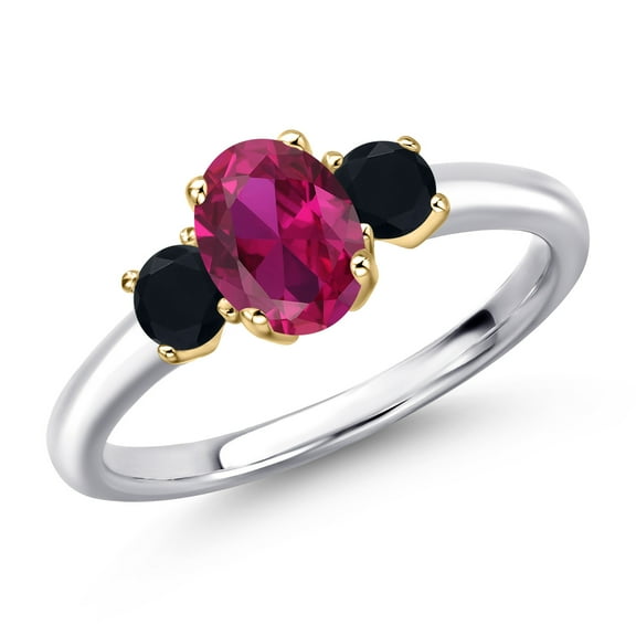 Gem Stone King 10K Two Tone Gold Red Created Ruby and Black Onyx Engagement Ring for Women | 1.11 Cttw | Oval 7X5MM | Gemstone July Birthstone | Size 8