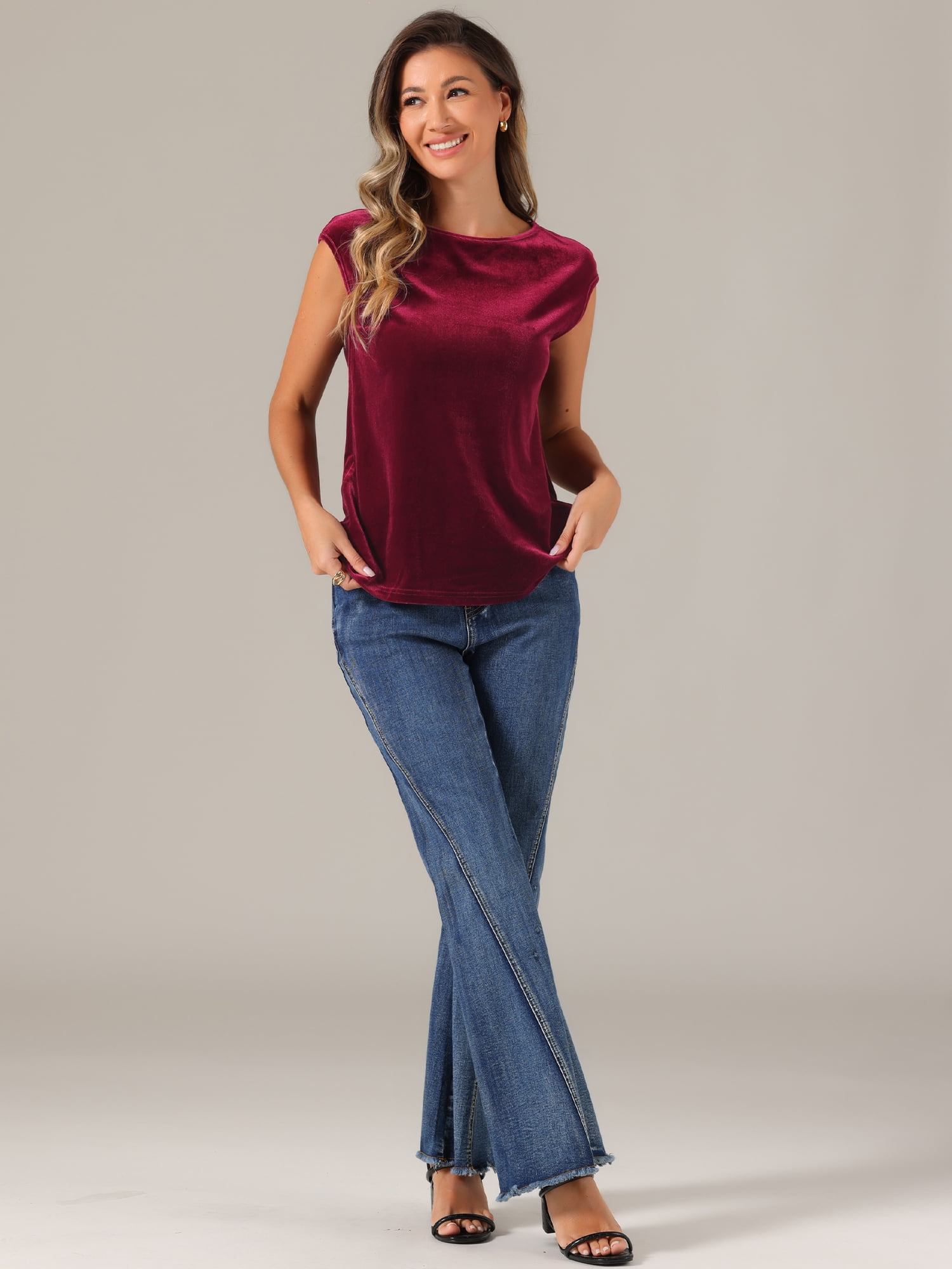 DARING DIVA Women's Velvet Christmas Party Crew Neck Cap Sleeve Top L Burgundy