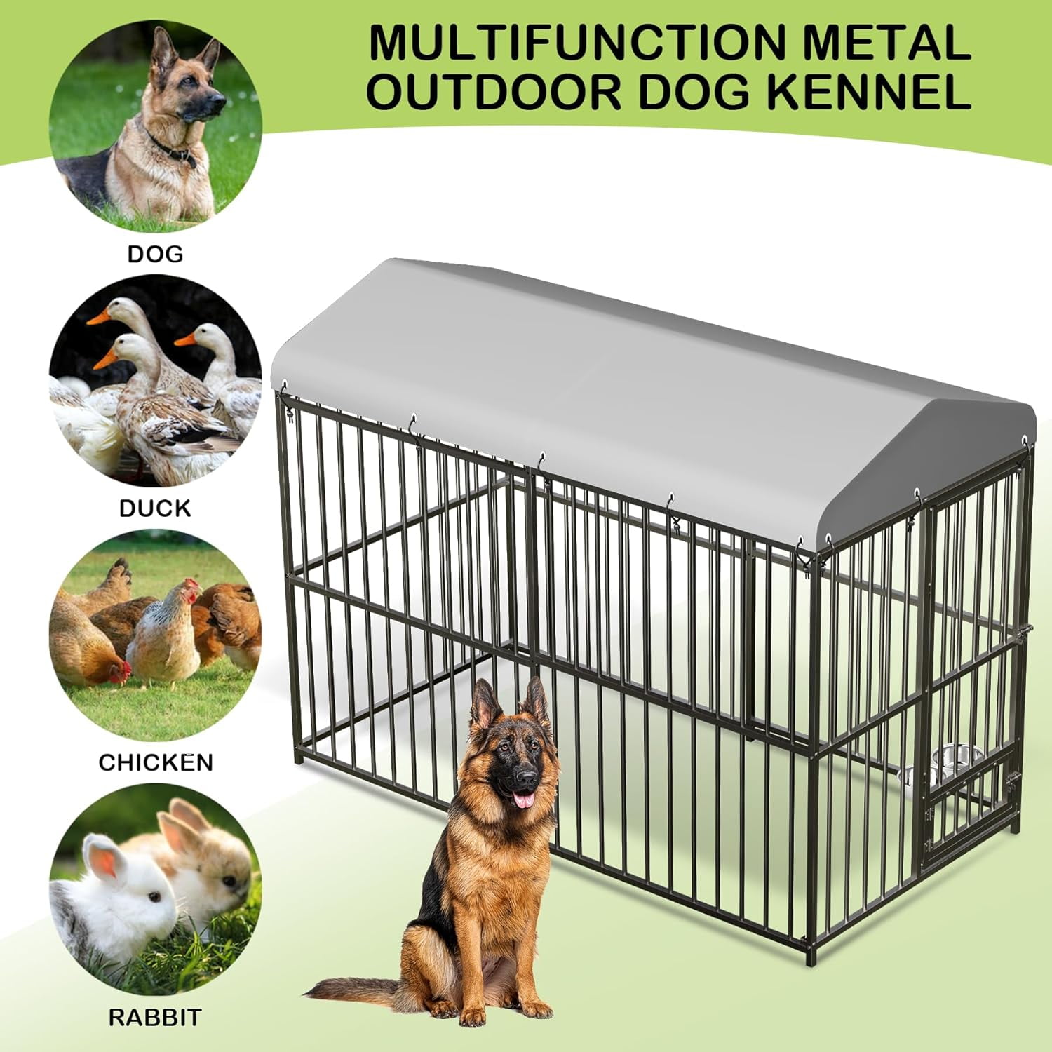 M optimized 8x4FT Dog Kennel Outdoor Dog Enclosures Heavy Duty Dog House with 2 Stainless Bowls, Feeding Door, Waterproof Roof Cover & Secure Lock, Metal Dog Playpen Fence