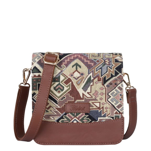 Sishka Women’s Tapestry Messenger Sling in Geometric Design – Stylish Shoulder & Crossbody Purse with Leather Trim and Detachable Adjustable Leather Strap for Daily Outings