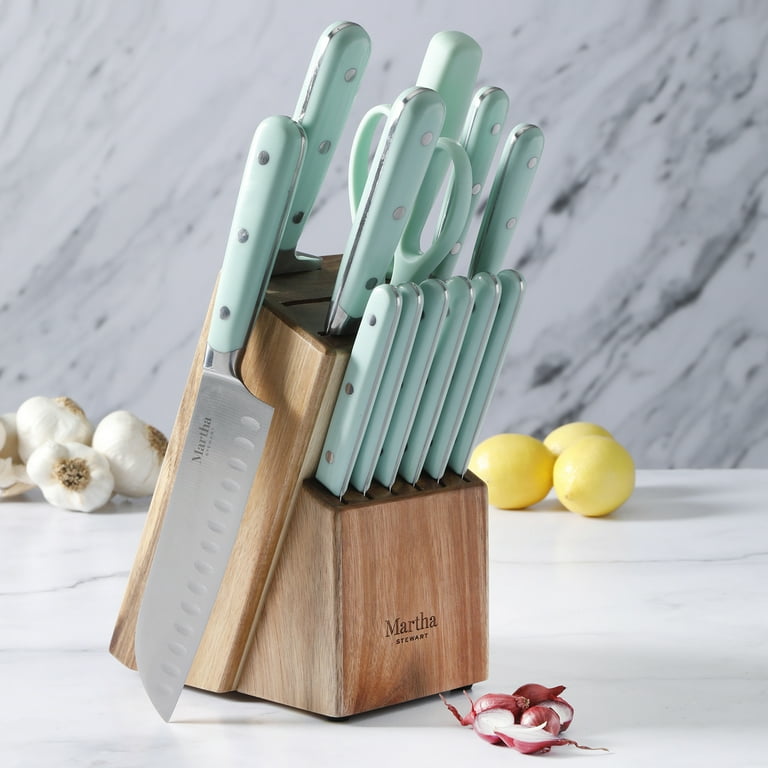 Martha Stewart Stainless Steel 14-Piece Cutlery Set Gray Acacia Wood Block
