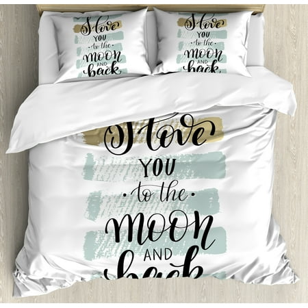Blue Striped Sham I Love You Duvet Cover Set, I Love You to the Moon and Back Phrase with Soft Paintbrush Stripes, Decorative Bedding Set with Pillow Shams, Blue Grey Pale Caramel, by Ambesonne ()