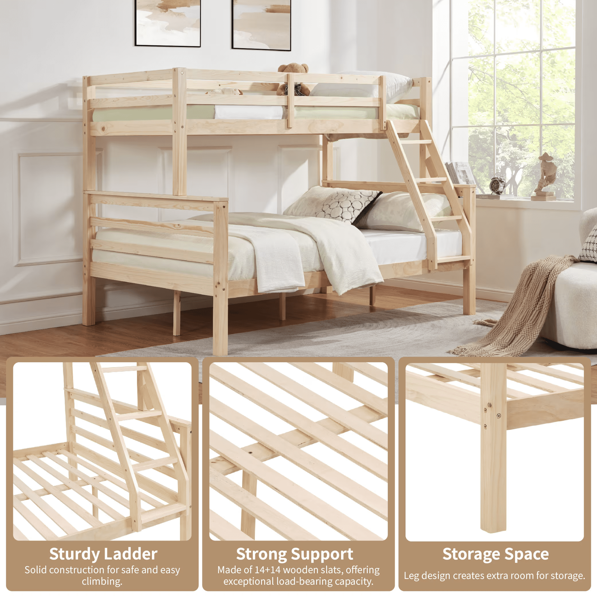 MAYEERTY Twin over Full Bunk Bed with Thick Posts, Wooden Bed Frame with High Guardrail and Ladder for Kids, No Box Spring Needed, Natural