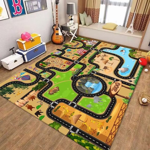 alfombra de juego para niños, antideslizante, para conducir coches de juguete, para ciudad, para niños, niñas, educativa, con temática de tráfico, para sala de juegos 160x230cm alfombra rectangular vista cenital con calles negras que forman ciudad impresa: parque y lago, zona desértica con animales, aeropuerto con pista y helipuerto, hospital, escuela y tiendas; poliéster de fácil limpieza, borde cosido y respaldo de látex antideslizante, adecuada para organizar circuitos con coches de juguete.