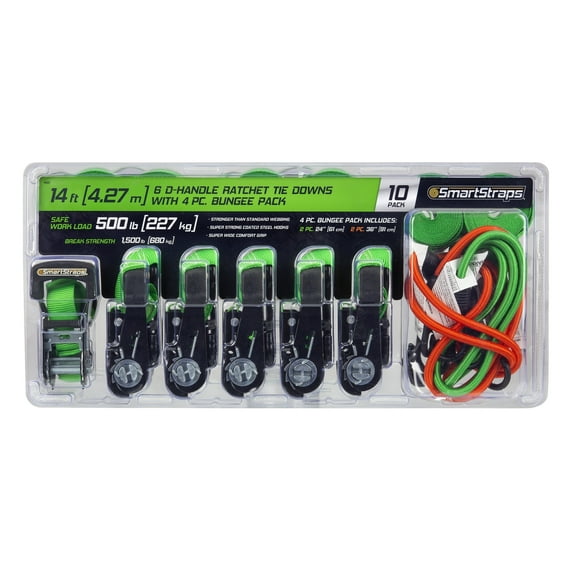 SmartStraps 1" x 14ft Standard Ratchet Tie Down Straps 6 pack with 4pc Bungee Cord Set, Green - 500lb SWL