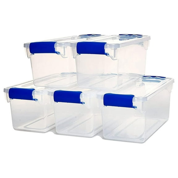 7.5 Quart Clear Plastic Stackable Storage Container Tote with Secure Latching Lid for Home and Office Organization, 5 Pack