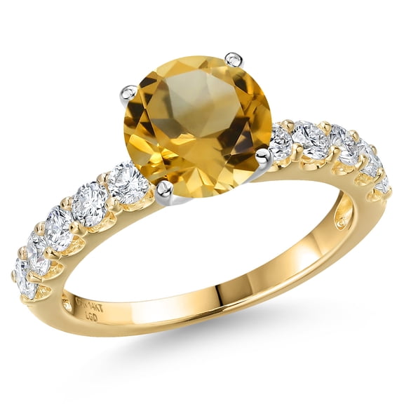 Gem Stone King 14K Two Tone Gold Yellow Citrine and Lab Grown Diamond Engagement Ring for Women | 2.15 Cttw | Round 8MM | Gemstone November Birthstone | Size 8