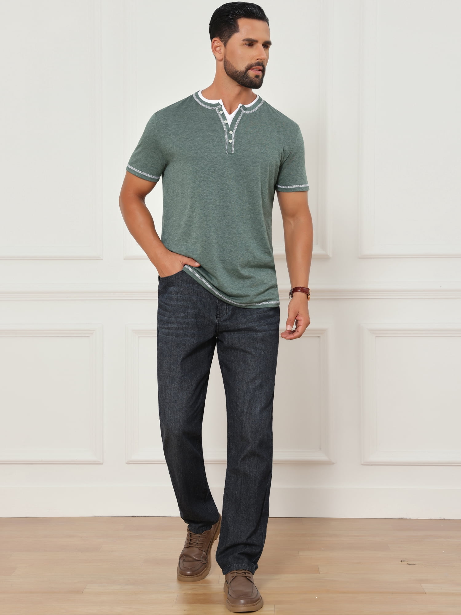 DARING DIVA Men's Henley V-Neck Colorblock Button Down Short Sleeve T-Shirt M Green