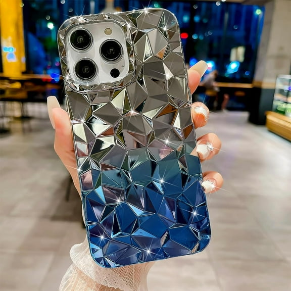 Compatible with iPhone 13 Pro Max Case, 3D Gradual Plating Diamond Pattern Phone Case, Elegant Bling Wavy case for Women Girls Soft Silicone Shockproof Camera Protective Back Cover - Blue