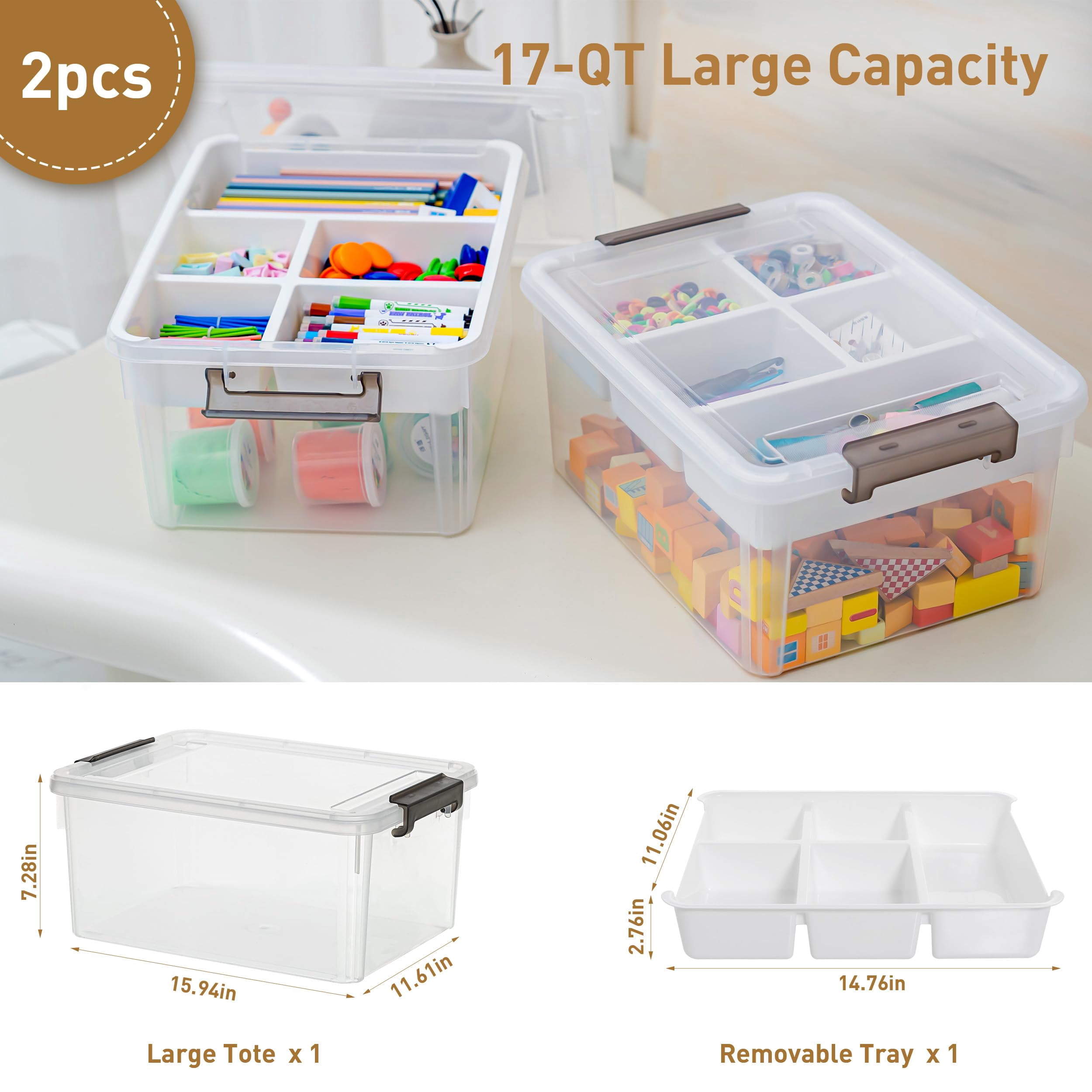 17 Qt Plastic Storage Box With Removable Tray Craft Organizers And Clear Container For Organizing Bead  Tool Sewing Playdoh 2 Packs