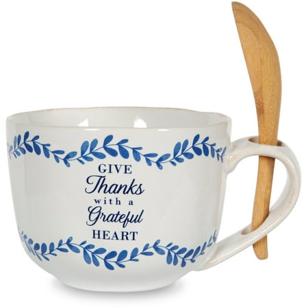 Pavilion - Give Thanks with a Grateful Heart Ceramic Blue Floral 20 oz Soup Bowl with Bamboo Spoon