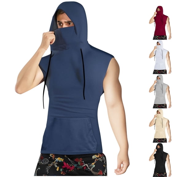 Agkizg Men's Hooded Tank Top Solid Color Sleeveless With Pocket Stretch Face Cover Fitness Top