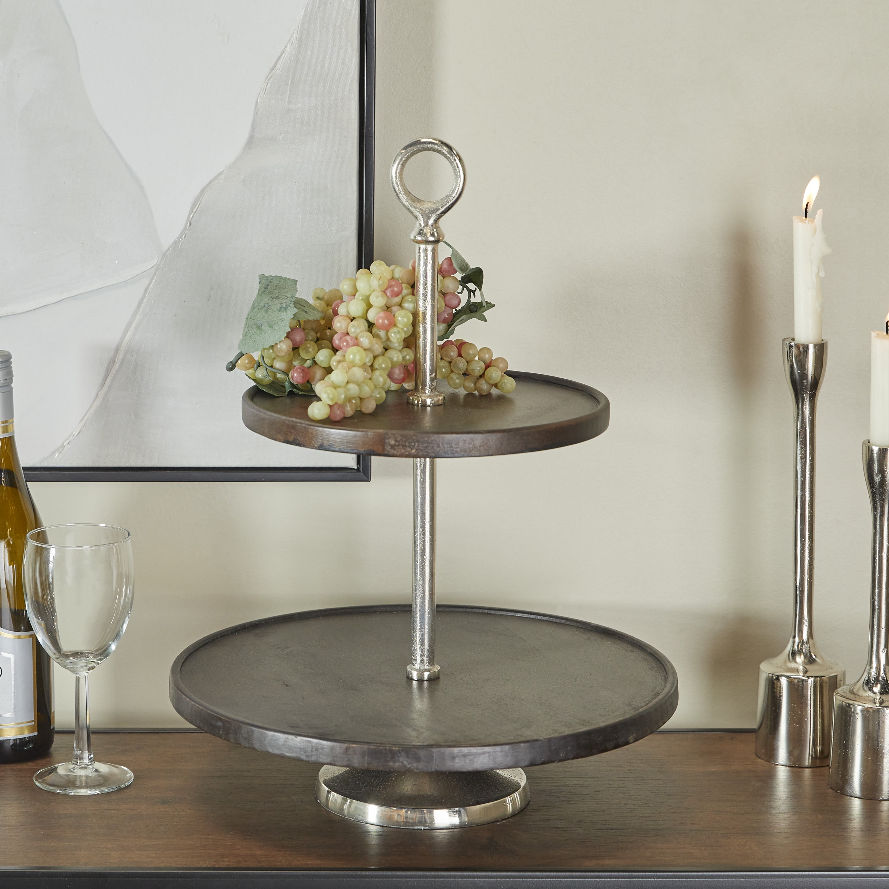 DecMode 14" x 18" Dark Brown Mango Wood  Tiered Server with Aluminum Bases, 1-Piece