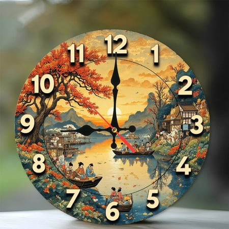 Japanese Autumn Landscape Wall Clock 10-Inch Silent Wooden Wall Clock, Battery Operated (AA Batteries Not Included), Artistic Home Decor