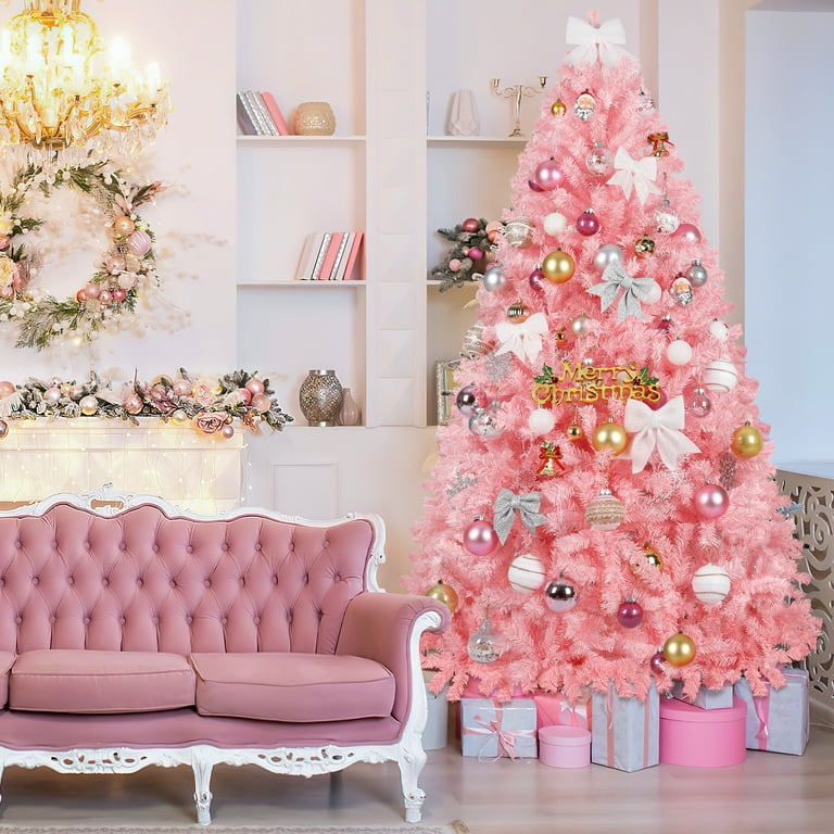 GIKPAL Pink Christmas Tree, 6FT Hinged Spruce Full Tree with GIKPAL Pink Christmas Tree, 6FT Hinged Spruce Full Tree with