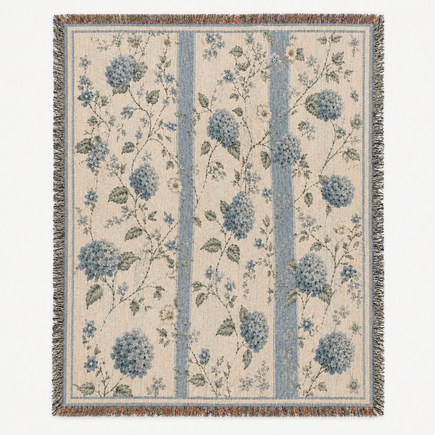 Blue Hydrangea Floral Woven Throw Blanket 100% Cotton Vintage Coastal Style for Sofa or Bed