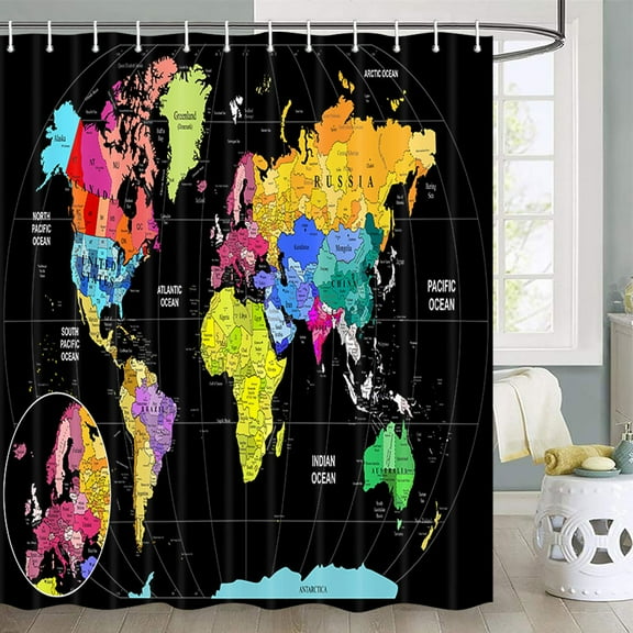 Map Shower Curtain for Bathroom, Black Asia Europe South City Topography America Africa Japan Shower Curtain, Map of World Fabric Shower Curtains Waterproof 70X70 Inches with 12 Hooks