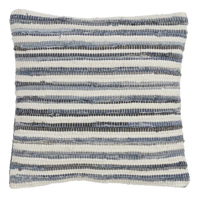 SARO 18 in. Genes Square Striped Denim Chindi Down Filled Throw Pillow - Denim