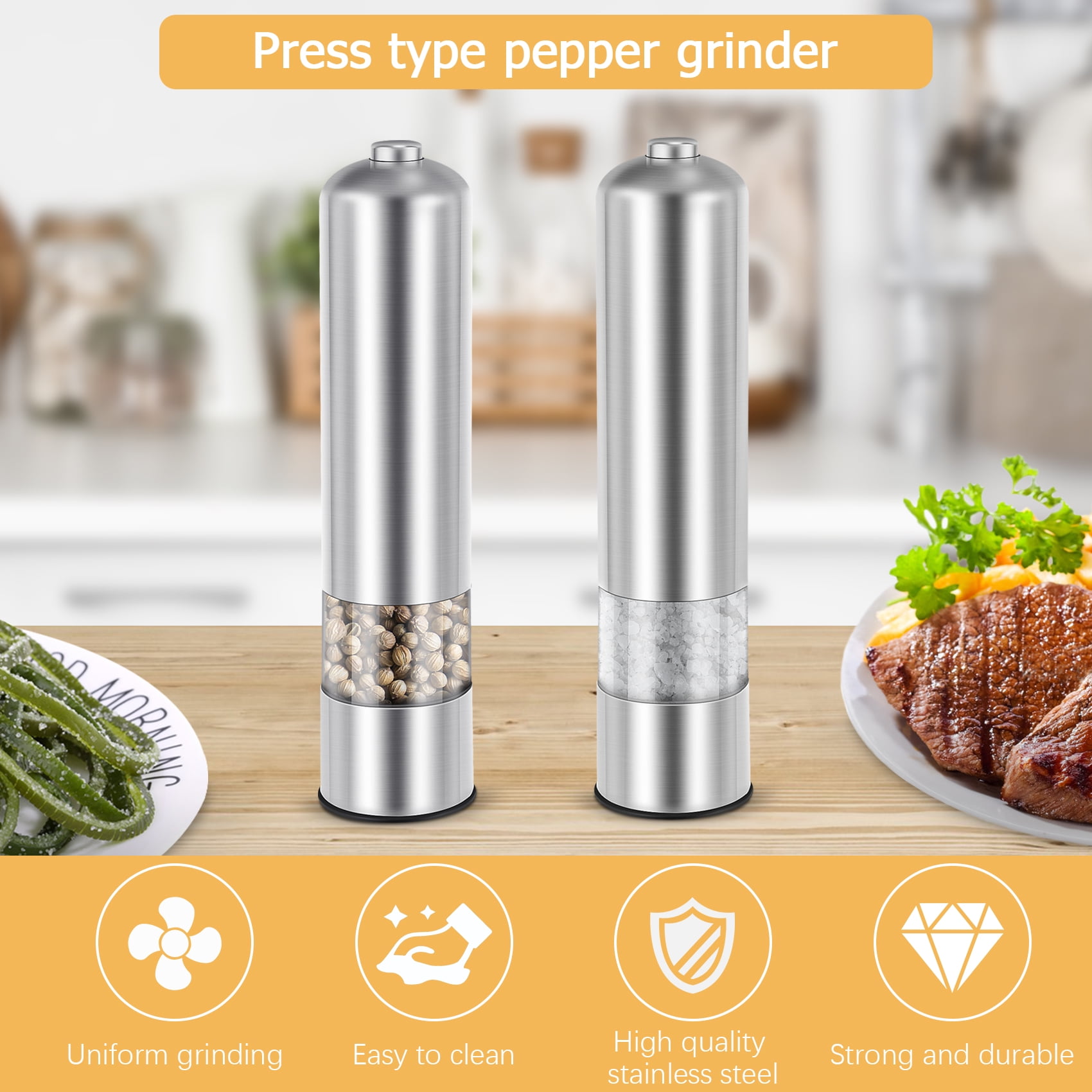 style round pepper grinder Electric Mill in Stainless Steel, Salt Mill (Salt) or Pepper Mill-Silver Color-With light