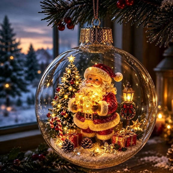 Light Up Christmas Ornament Warm LED Light, 3D Mini Christmas Scene Ready to Hang, Tree Mantel Window Decor(Santa Claus Costume)