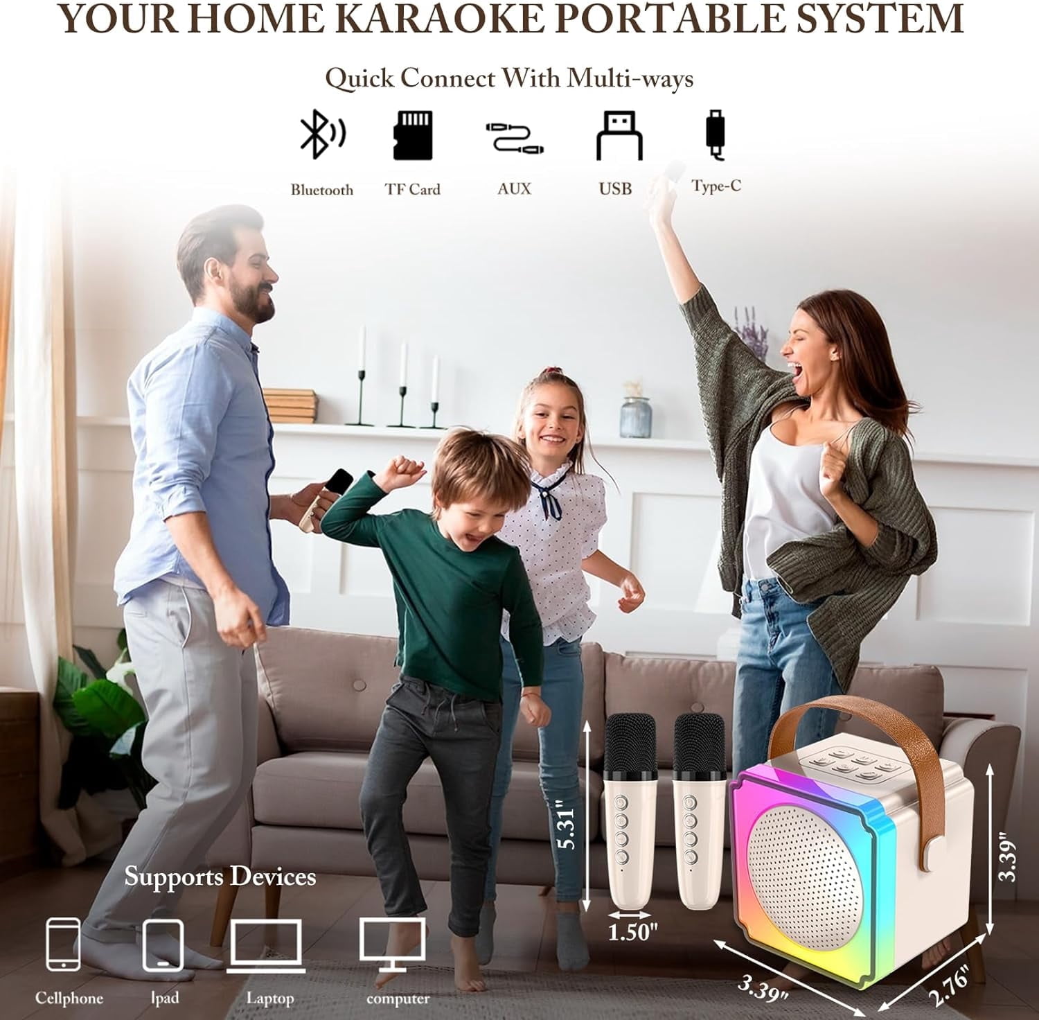 Best Mini Karaoke Machine with 2 Wireless Microphones, Portable Karaoke Machine, Voice Changing Effects, Bluetooth Speaker for Kids Adults, Birthday Gifts for Girls Boys (Beige)
