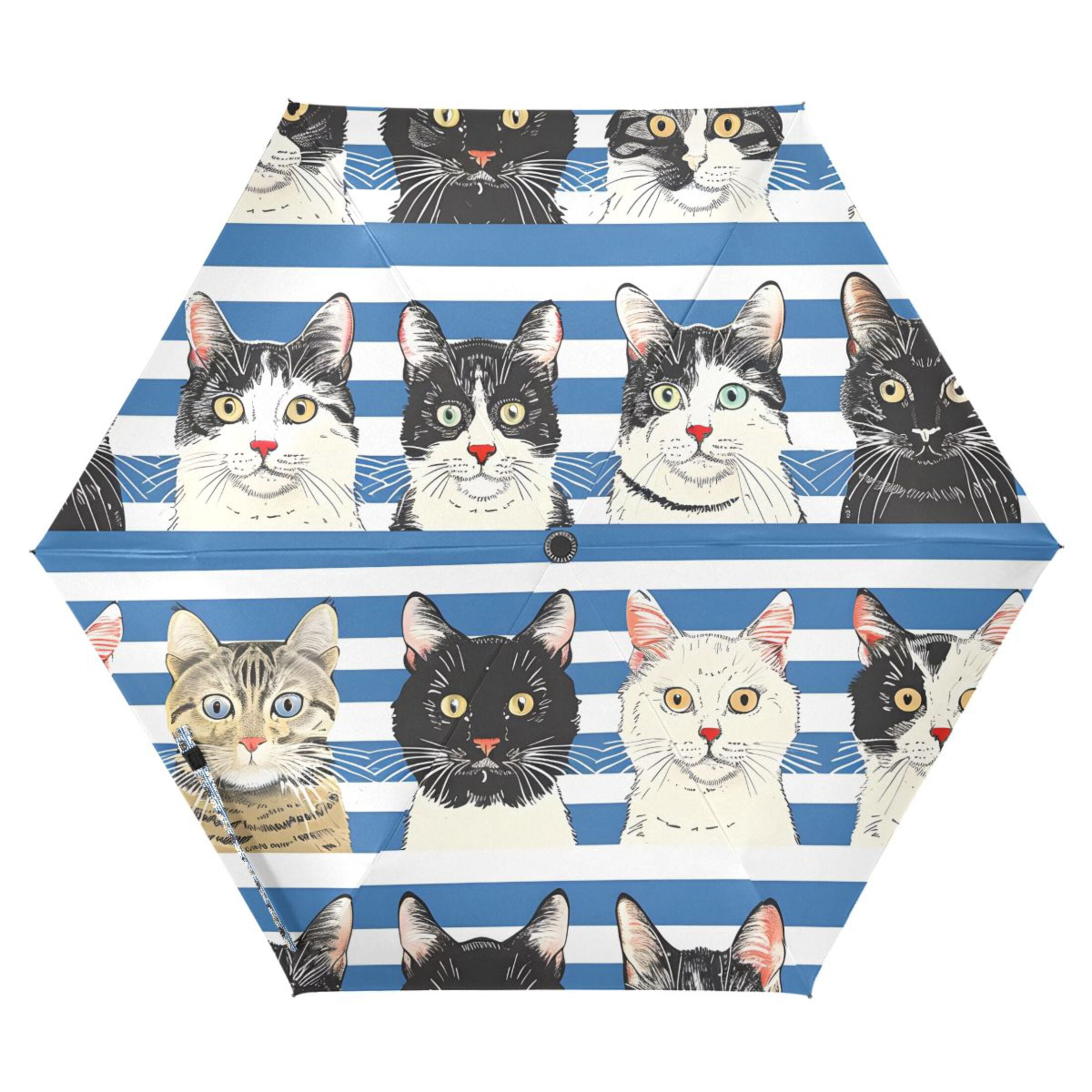 Cats with Blue White Striped Compact Sun Umbrella Windproof Travel Umbrellas for Rain Strong Portable UV Protection